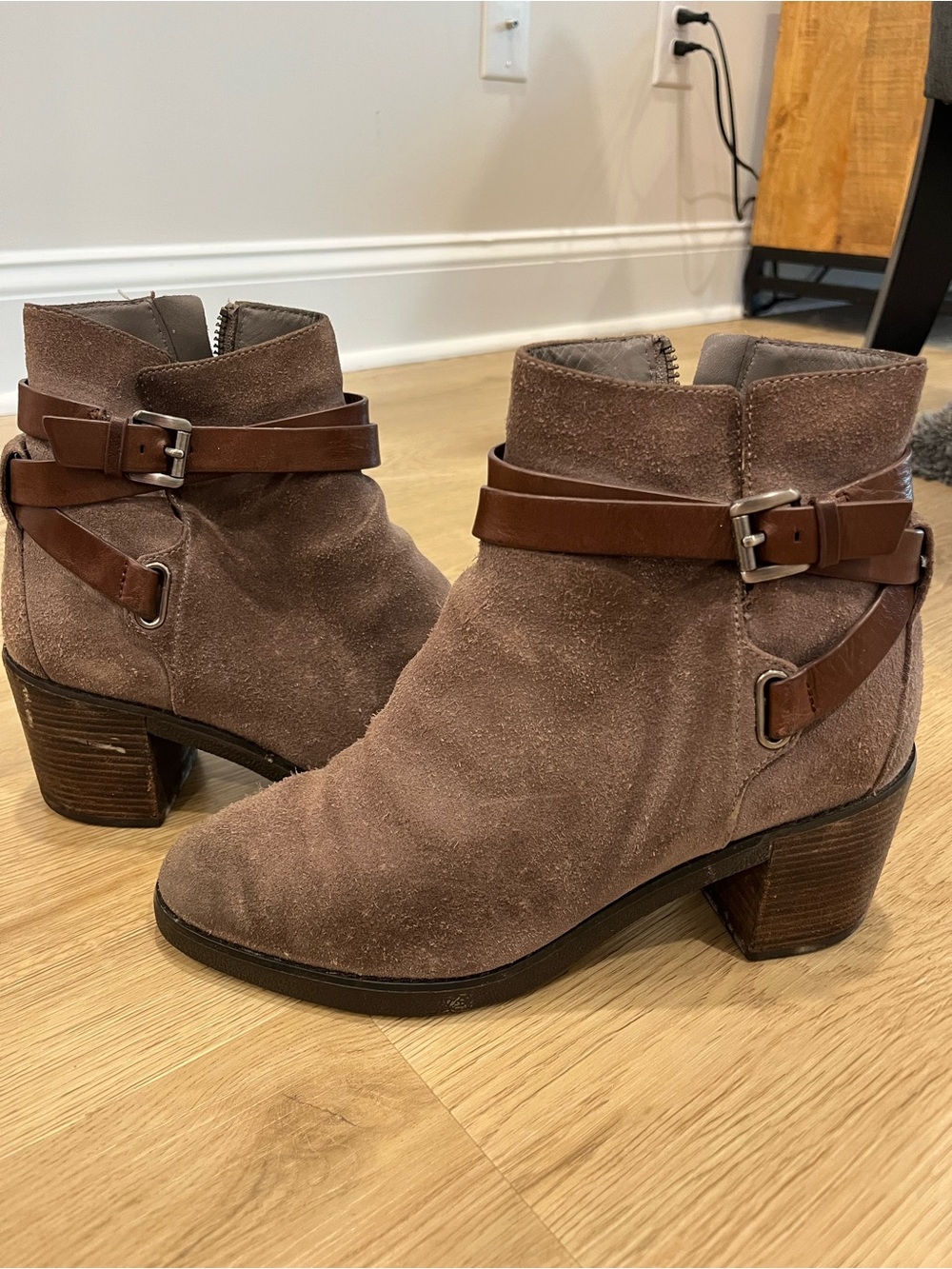 Michael Kors Taupe Suede Ankle Booties with Brown Leather Strap
